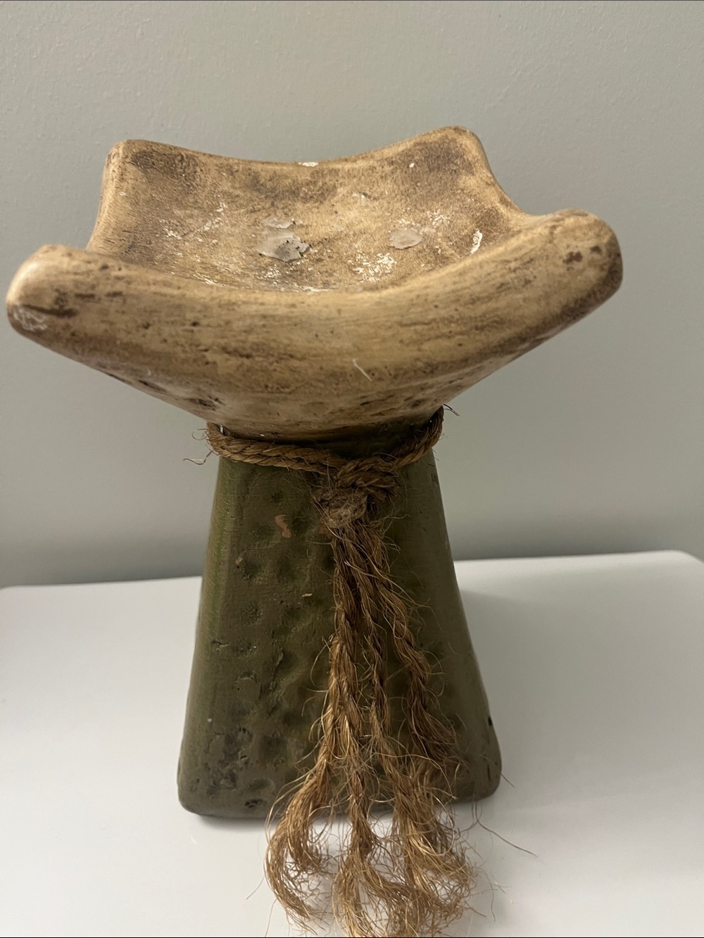 Rustic Green and Tan Decorative Pedestal Candle Bowl 9”x5”